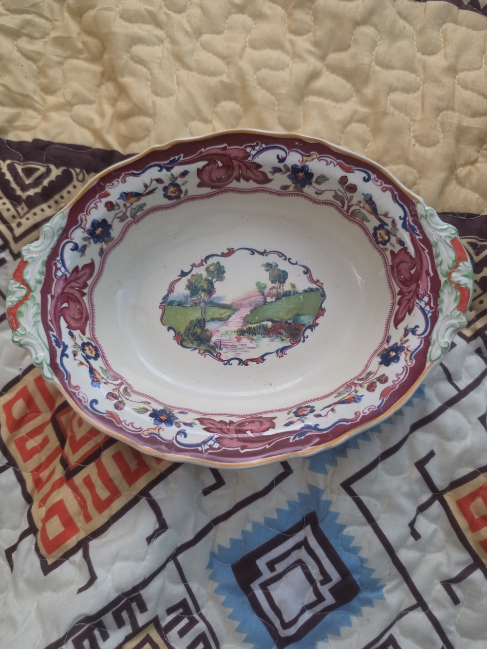 Hand-Painted Scenic Ceramic Serving Bowl in Red and Green